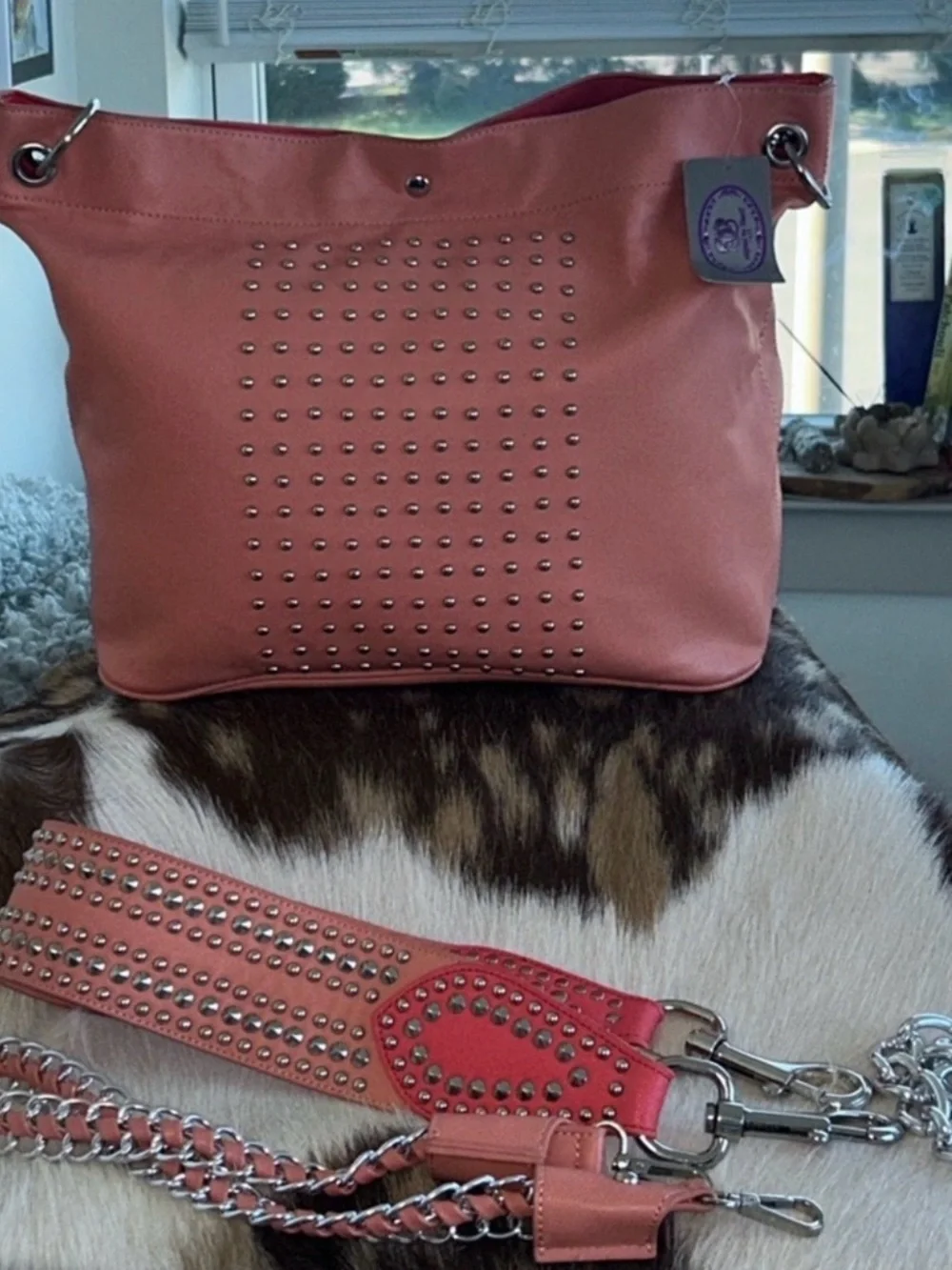 Sharif Coral Pink Studded Tote with Silver Chain